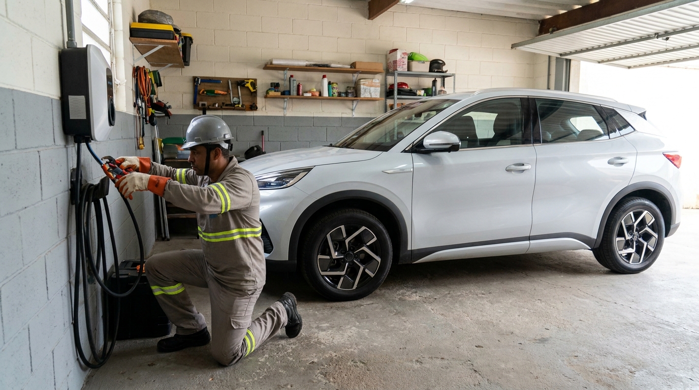 Eletricista instalando carregador de carro eletrico em Guarapari‑ES