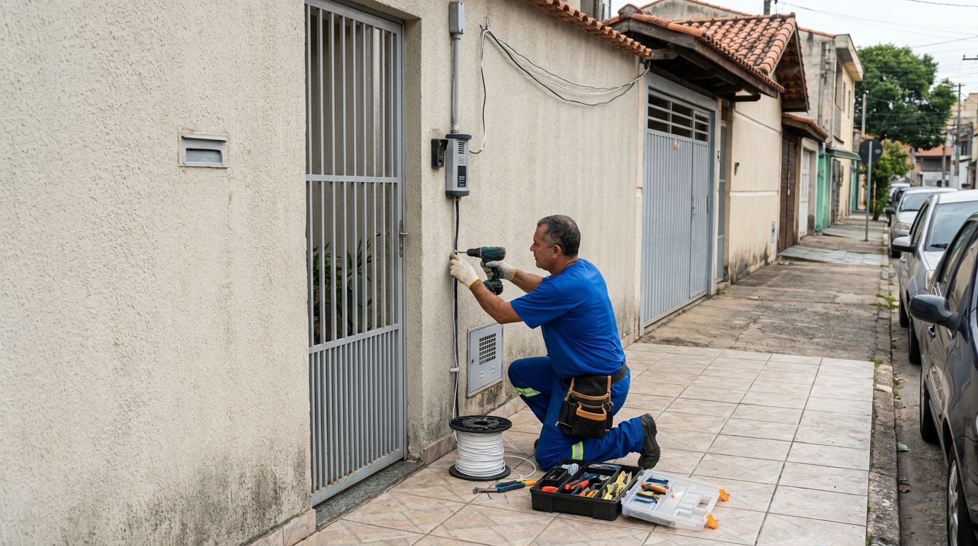 Eletricista instalando interfone em Guarapari‑ES